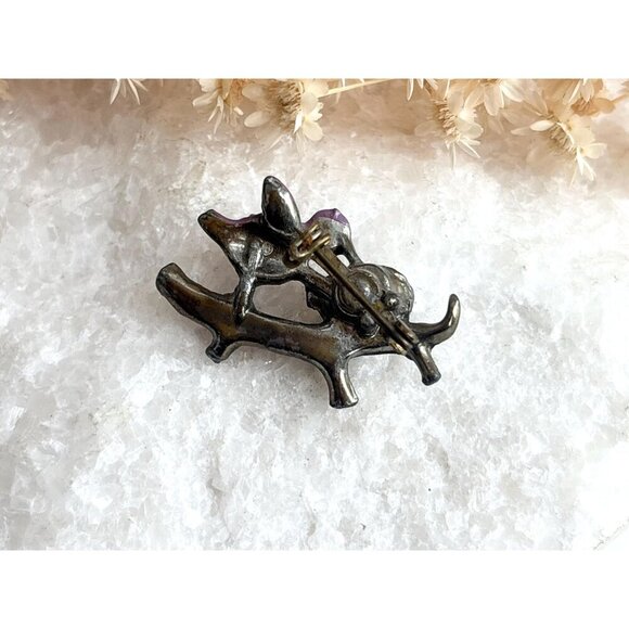 Lavender Perched Bird Figural on Branch with Eggs Costume Jewelry Brooch - Picture 4 of 10